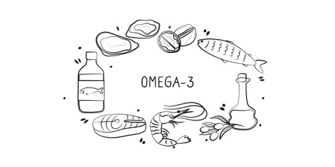 Omega-3-containing food. Groups of healthy products containing vitamins and minerals. Set of fruits, vegetables, meats, fish and dairy.