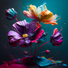 Creative floral Spring creative concept on dark background. Illustration of fresh flowers. Floral bouquet close up. Generative AI.