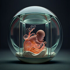 Fetus develops inside an artificial uterus, baby in the womb, nurture embryo through placenta and  ambilical cord, future science and medicine, ecto uterine pregnancy, generative ai - obrazy, fototapety, plakaty