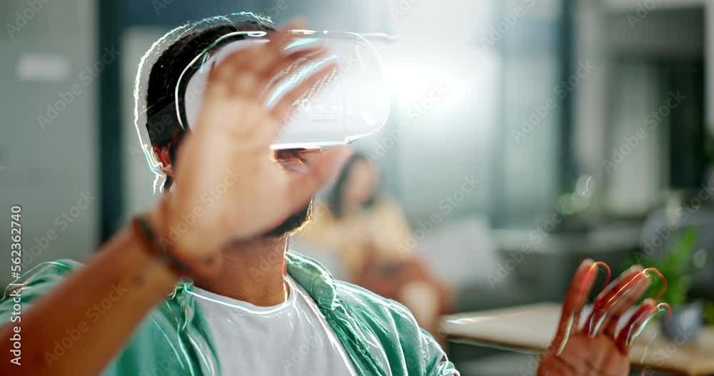 Poster virtual reality, vr metaverse and creative black man work on cyber dashboard, augmented reality or f