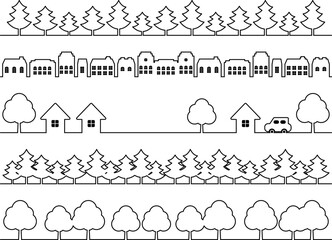街並みと森林のライン5種セット　線画