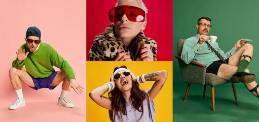 Collage. Portraits of different people, men and women of different age posing with various emotions over multicolored background. Concept of emotions and lifestyle