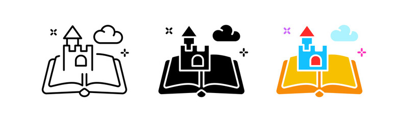 Fototapeta premium Fairy tale icons set. Book, castle, magic, fiction, creativity, heroes, villains, characters, work, author, morality, story, child, bookstore. Information concept. Vector line icon in different styles