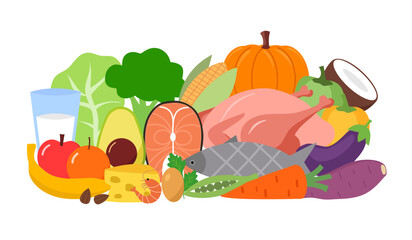 Healthy food concept vector illustration. Chicken, fish, vegetables and fruits in flat design on white background.