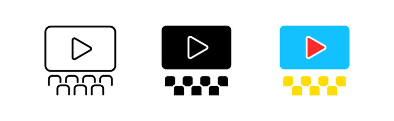 Cinema icon set. Clapperboard, media, information, camera, director, broadcast, file, operator, cinematography, news, video, frame, genre. multimedia concept. vector line icon in different styles