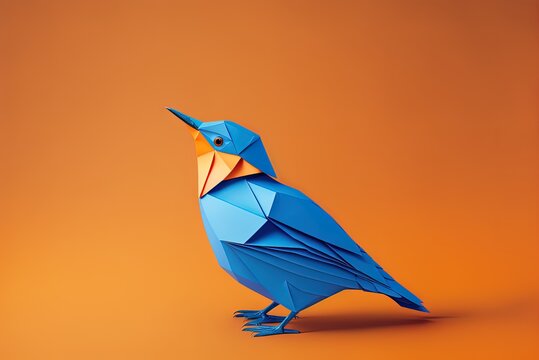 Origami Bird in Blue, Copy Space on an Orange Background. Folded paper bird in modern style. Generative AI