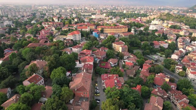 Roman ruins old town of Plovdiv Bulgaria aerial