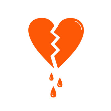 Broken heart icon. Vector illustration of red blood drops. Symbol of unhappy love. Drawing of heart for Valentine's Day.