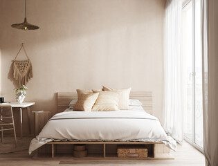 Fototapeta na wymiar Home mockup, Coastal boho style bedroom interior background, 3d render