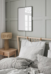 Fototapeta Mockup frame in cozy simple bedroom interior background, 3d render obraz