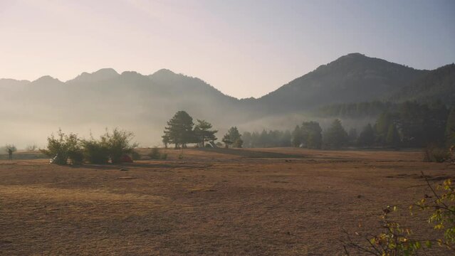 Panning shot of the low-lying fog at the  ibradi akseki mountain range, desertification and climate change