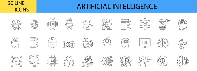 Artificial intelligence. Machine learning. 30 line icons set. Vector illustration. Editable stroke.