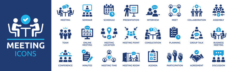 Meeting icon set. Containing seminar, business meeting, presentation, interview, conference, assembly, agreement and discussion icons. Solid icon collection. - obrazy, fototapety, plakaty