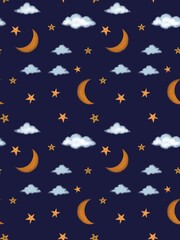 Obraz na płótnie Canvas Moon with stars and clouds on a dark blue background, seamless pattern, digital drawing.