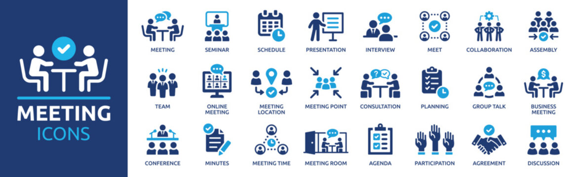 Meeting icon set. Containing seminar, business meeting, presentation, interview, conference, assembly, agreement and discussion icons. Solid icon collection.