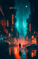 Night city lights. Neon urban future. Futuristic city in a cyberpunk style. Photorealistic Generative AI  illustration. Futuristic skyscrapers with neon lights.	