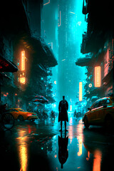 Night city lights. Neon urban future. Futuristic city in a cyberpunk style. Photorealistic Generative AI  illustration. Futuristic skyscrapers with neon lights.	