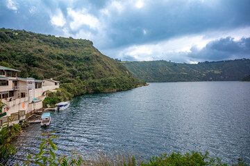 Cuicocha crater lake at the foot of Cotacachi Volcano in the Ecuadorian Andes.