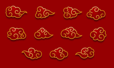Chinese Gold Cloud Ornament. Set of oriental design elements.