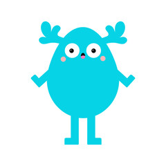 Monster head silhouette. Happy Halloween. Blue animal face. Cute Kawaii funny cartoon baby character. Deer horns, eyes. Boo. Sticker print. Flat design. White background.