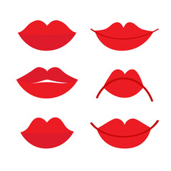 Female Lips icon set. Red Lipstick makeup. Sexy lip collection. Woman Girl Mouth Set. White teeth tooth. Smile Kiss shape. Fashion beauty style. Flat design. White background. Isolated.