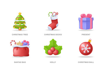 Christmas 3D icons set in modern design. Pack isolated elements of festive tree with toys, socks for candy, present, Santa bag with gifts, holly, ball. Illustration in realistic render for web