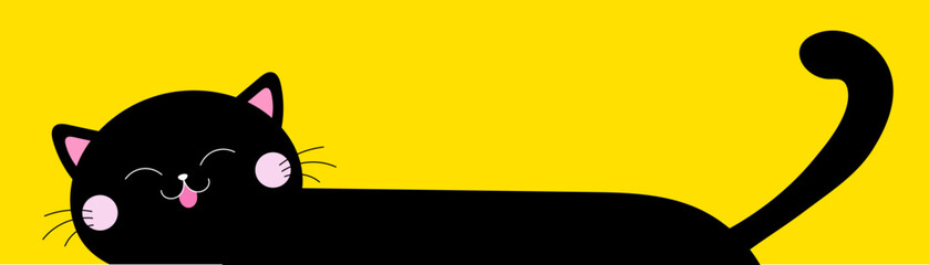 Cat hiding silhouette. Funny face head. Pink cheeks. Black kitten. Cute kawaii animal. Baby card. Notebook cover. Cartoon pet character. Sticker print. Banner. Flat design. Yellow background.