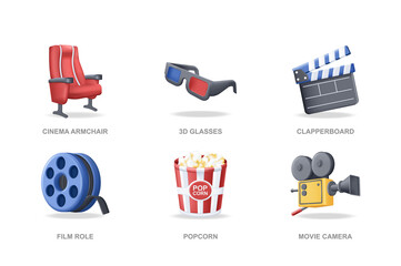 Cinema 3D icons set in modern design. Pack isolated elements of cinema armchair, 3d glasses, director clapperboard, film role, popcorn, movie camera. Illustration in realistic render for web