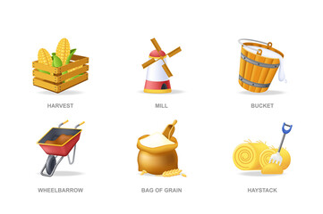 Farm 3D icons set in modern design. Pack isolated elements of gardening, harvest, windmill, bucket with milk, wheelbarrow, bag of grain, haystack. Illustration in realistic render for web