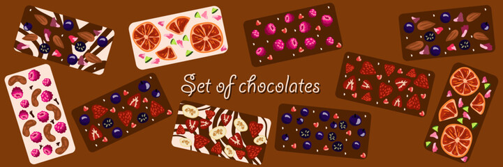 A set of decorative chocolates for the Valentine's Day holiday. mother's day, birthday. Chocolate on a dark background. Decorative black and white chocolate with decor.