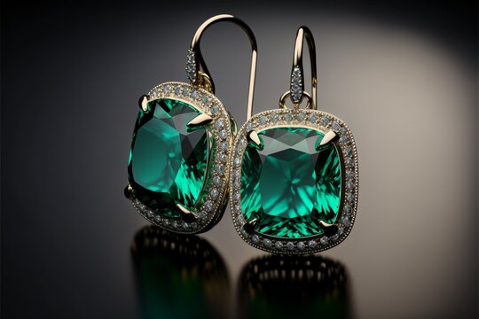 Cushion cut emerald and diamond earrings on black background created with generative AI technology