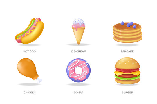Fast food 3D icons set in modern design. Pack isolated elements of desserts and meals in cafe menu, hot dog, ice cream, pancake, chicken, donut, burger. Illustration in realistic render for web