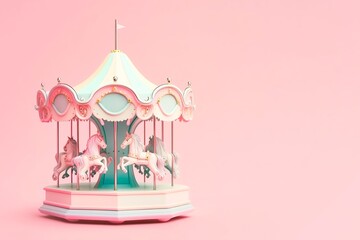 Musical carousel with horses, merry go round toy. Pink baby music carousel with little horses on pink background. Gift for little girl. Decoration girls room. generative ai