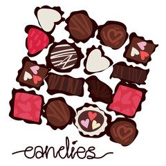 Illustration with chocolates in the form of a Valentine's day card. Candy on a pink background with an inscription. Printing on paper for the holiday. Mother's day, birthday. Postcard, banner