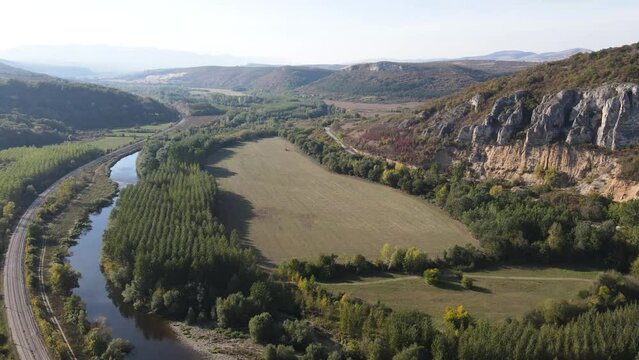 Aerial Autumn view of Iskar river, passing near village of Strupets, Vratsa Region, Bulgaria