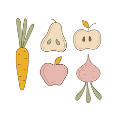 Set of vegetables and fruits. Apple, pear, beet, carrot. Vector illustration