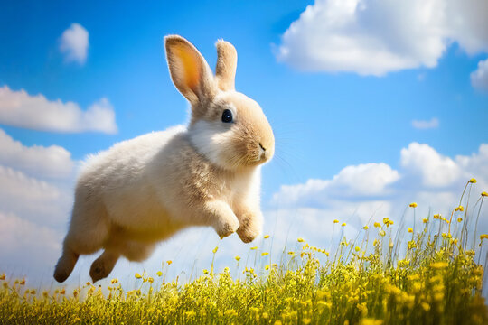 Cute Bunny rabbit running through a dreamy field at Easter during the spring season, Generative AI stock illustration image