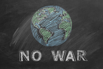 Globe with lettering NO WAR. Chalk drawn illustration on blackboard. Stay with Ukraine. Save the world