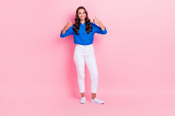 Fototapeta na wymiar Full length size photo of attractive gorgeous lady wavy brunette hair likes fingers up enjoy new job recruitment isolated on pink color background
