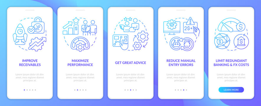 Treasury Management Benefits Blue Gradient Onboarding Mobile App Screen. Walkthrough 5 Steps Graphic Instructions With Linear Concepts. UI, UX, GUI Template. Myriad Pro-Bold, Regular Fonts Used