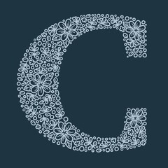 Letter C doodle botanical alphabet, floral hand drawing