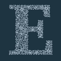 Letter E doodle botanical alphabet, floral hand drawing