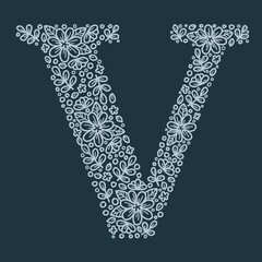 Letter V doodle botanical alphabet, floral hand drawing