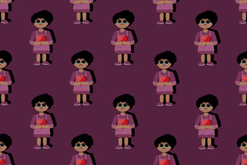 Seamless pattern with afro american girl with heart in the hands on viva magenta background. Valentines day website banner. Valentine day wallpaper.