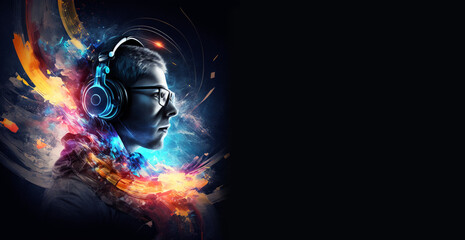 Gamer with Headphones Gaming Illustration, Gamer Playing Games Banner, Generative AI