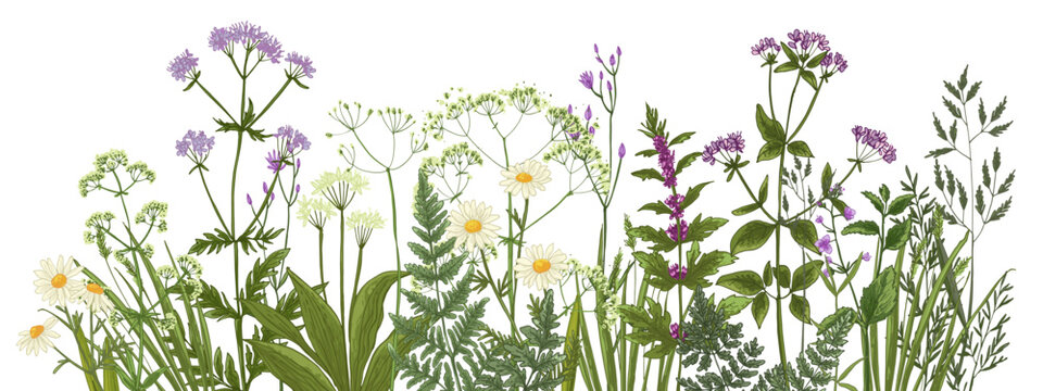 Wildflowers in summer. Wild herbs.  Cornflowers, forget-me-nots, yellow buttercups, ferns