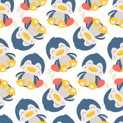 A pattern of soft toys. A blue penguin with a toy in his hands and different poses. Background for printing on textiles and paper. Gift packaging for children's parties. Background for boys and girls