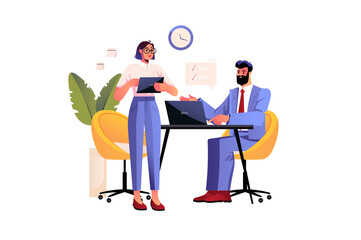 Secretary concept with people scene in flat design. Employee receives tasks and listens to boss briefing. Woman working as assistant manager. Illustration with character situation for web
