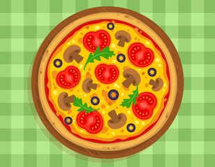 Vector illustration of appetizing vegetable pizza with mushrooms. Italian pizza on a wooden dish on a green checkered tablecloth.