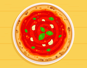 Vector illustration of appetizing Marinara pizza with, tomato sauce, garlik and basil. Traditional Italian pizza on a plate on a wooden table.